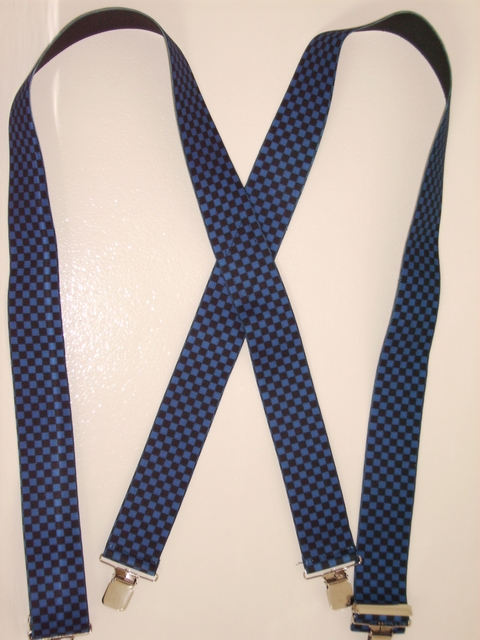 CHECKERS BLACK AND BLUE 2"X48" Suspenders with 4 strong 1"x 1" Stainless Steel Grips and 2 Secure Stainless Steel Length Adjusters in the front. Entirely Stretchable Hand Washable and Hang to Dry Cotton/Polyester Material. UA220N48CKBL